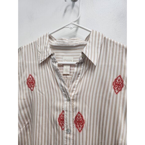 Chicos Button up Shirt Womens Medium Embroidered Striped Long Sleeve BOHO Casual - Picture 2 of 10